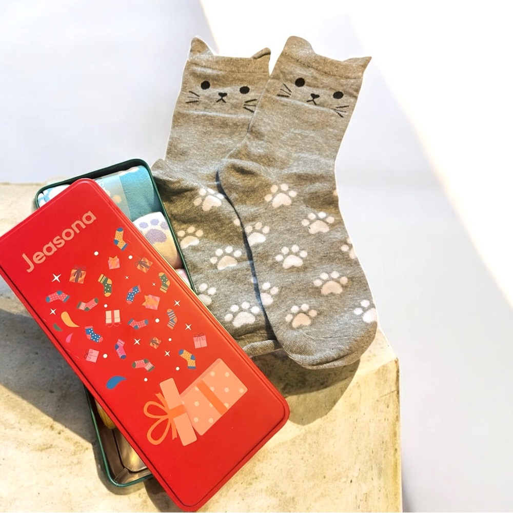 Jeasona Cat Paw Socks Gift Set (5 Pairs + Gift Tin)